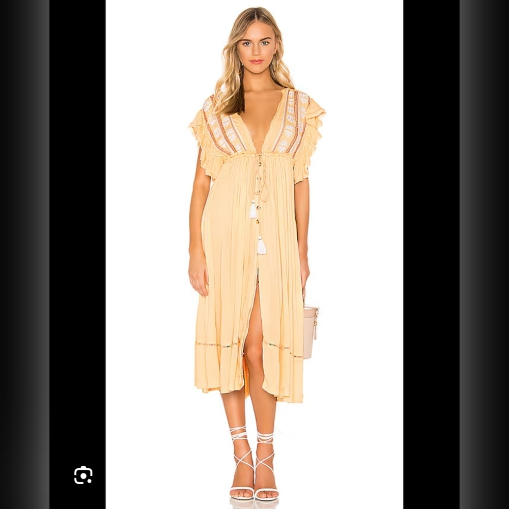 Free People Pale Yellow Embroidered Midi Dress